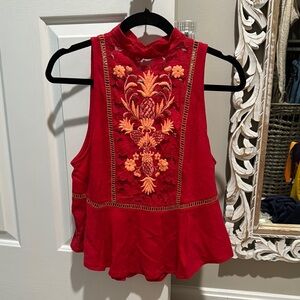 Red Sleeveless Top with Embroidered Detail